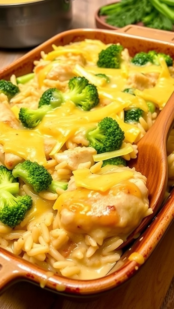 Creamy Chicken Breast Casserole Recipe A creamy chicken breast casserole with broccoli and rice, topped with melted cheese in a rustic baking dish.